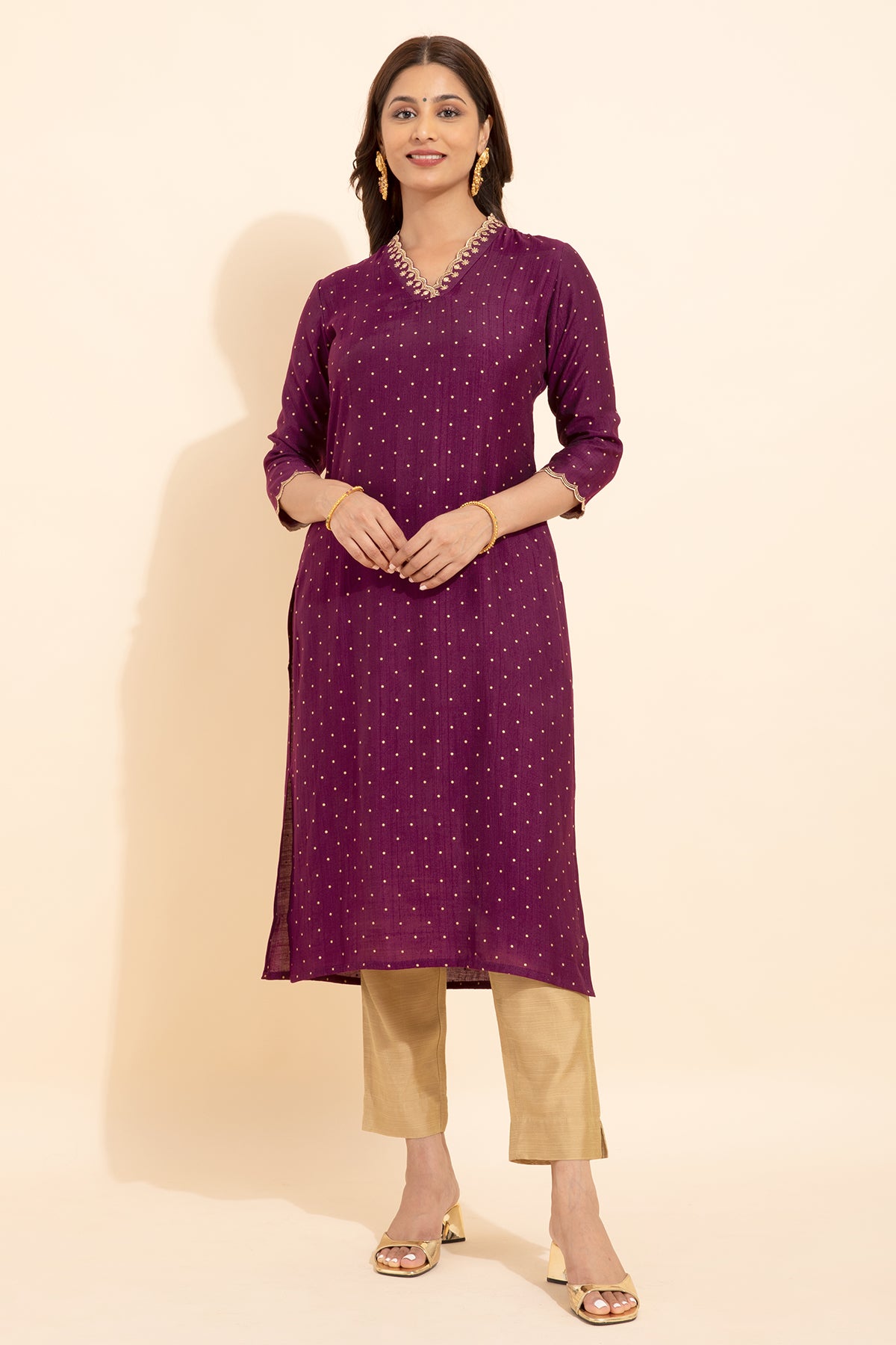 Floral Embroidered Neckline With Allover Polka Dots Printed Kurta Burgundy