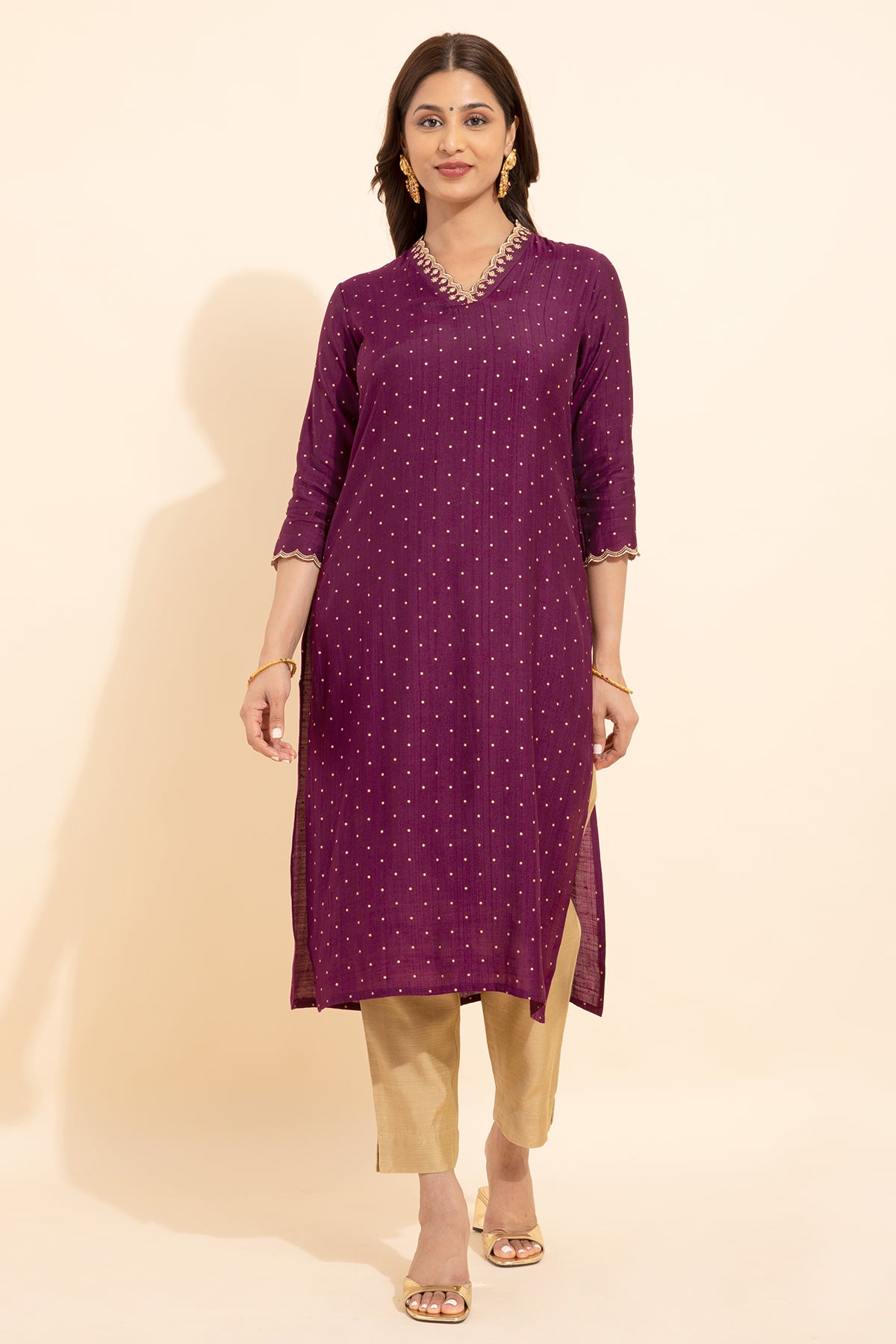 Floral Embroidered Neckline With Allover Polka Dots Printed Kurta Purple