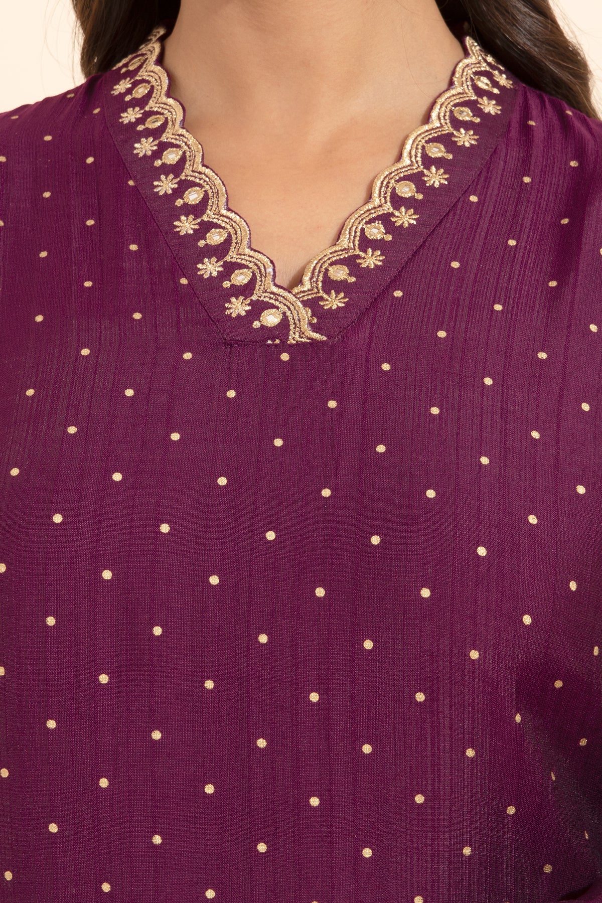 Floral Embroidered Neckline With Allover Polka Dots Printed Kurta - Purple