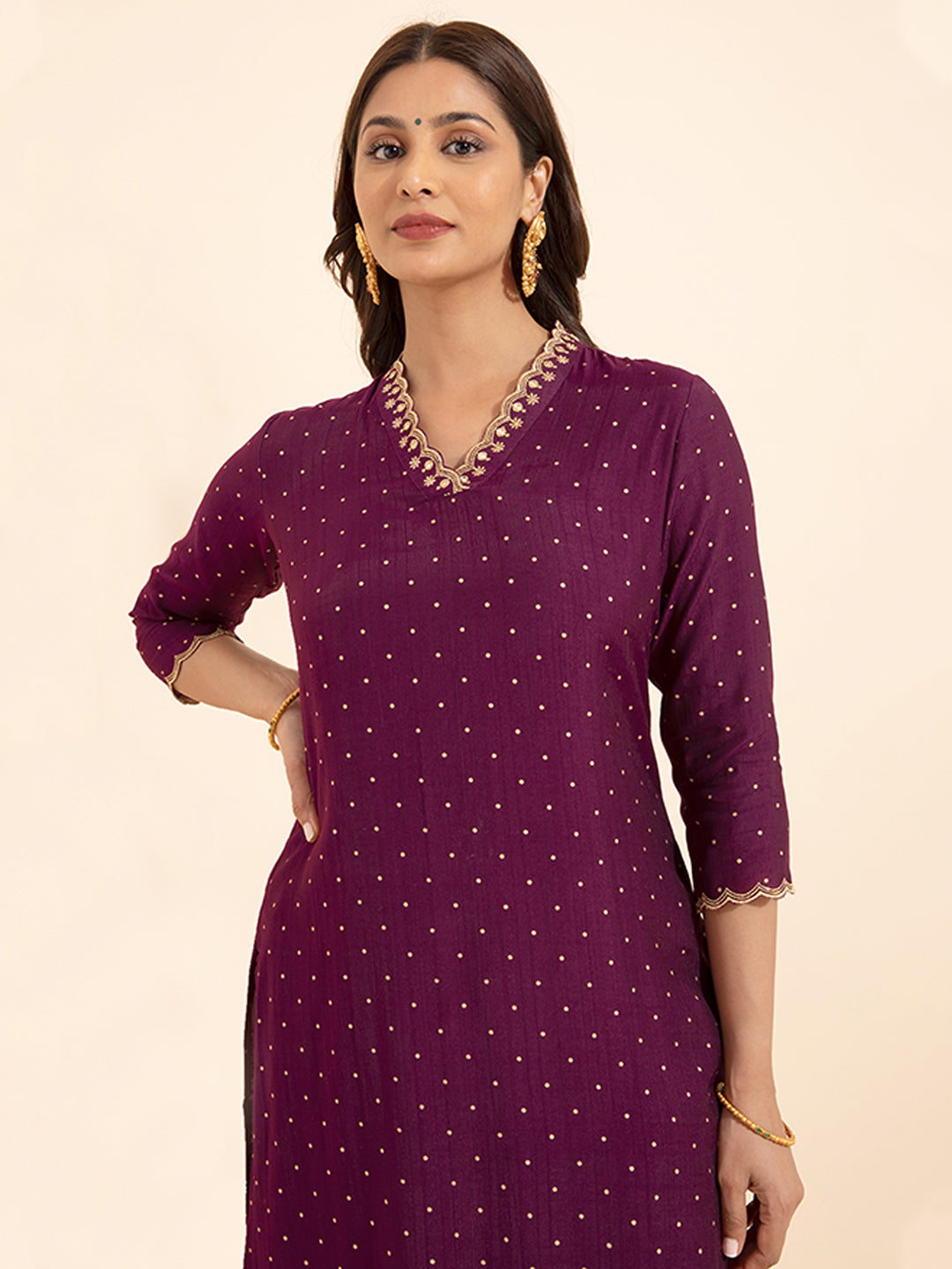 Floral Embroidered Neckline With Allover Polka Dots Printed Kurta Burgundy