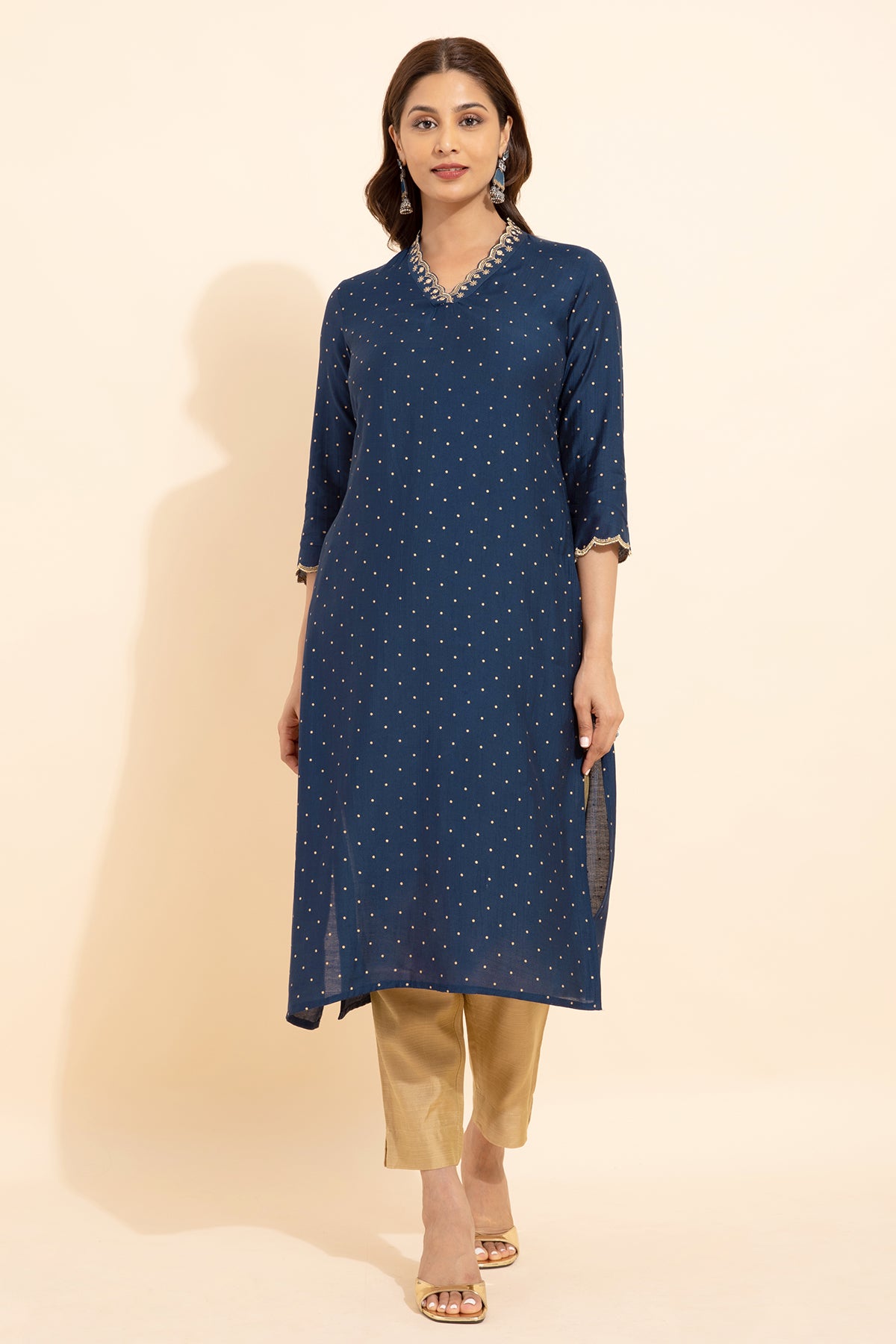 Floral Embroidered Neckline With Allover Polka Dots Printed Kurta Blue