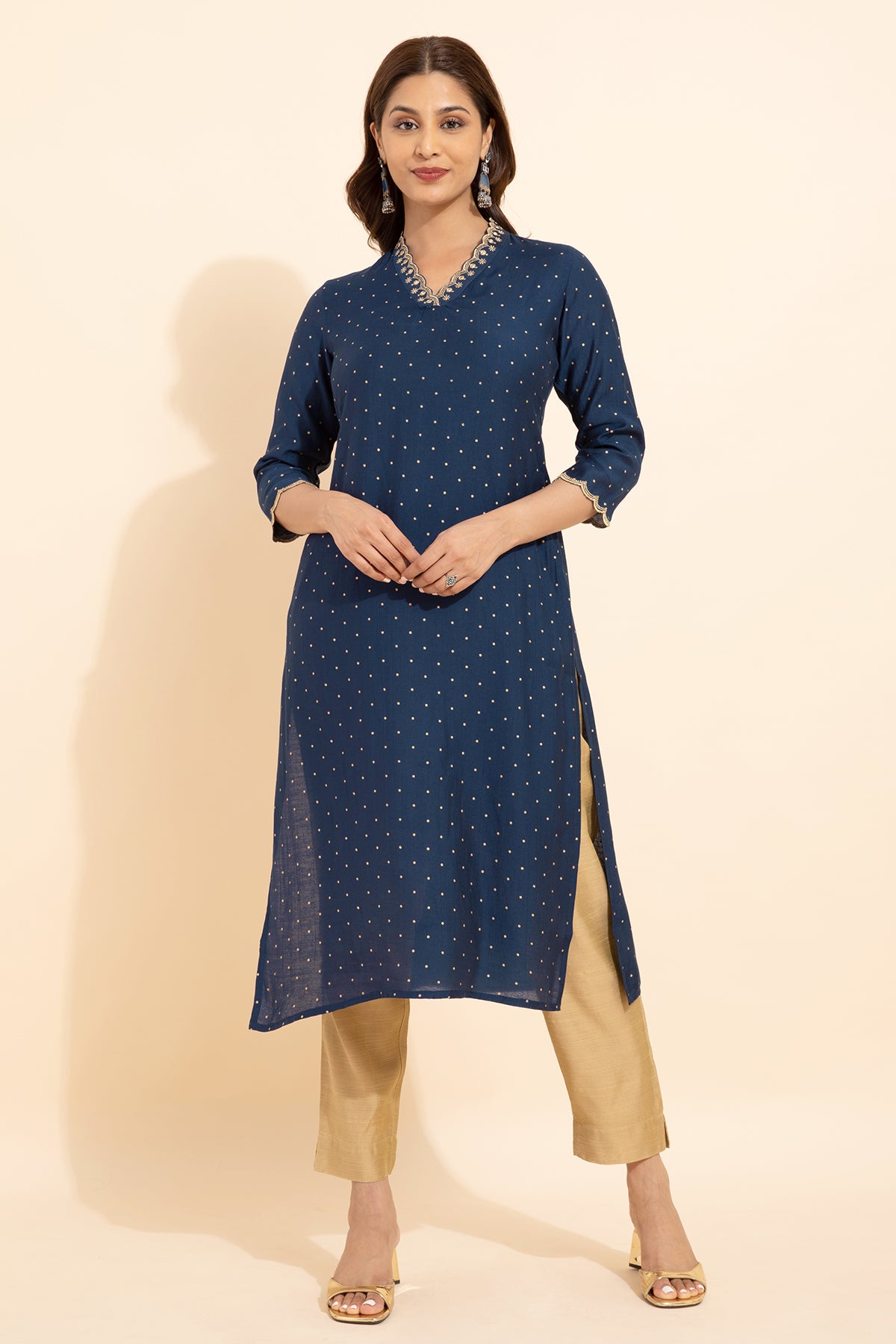 Floral Embroidered Neckline With Allover Polka Dots Printed Kurta Blue