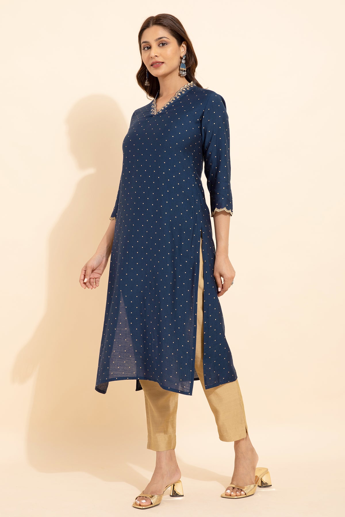 Floral Embroidered Neckline With Allover Polka Dots Printed Kurta - Blue