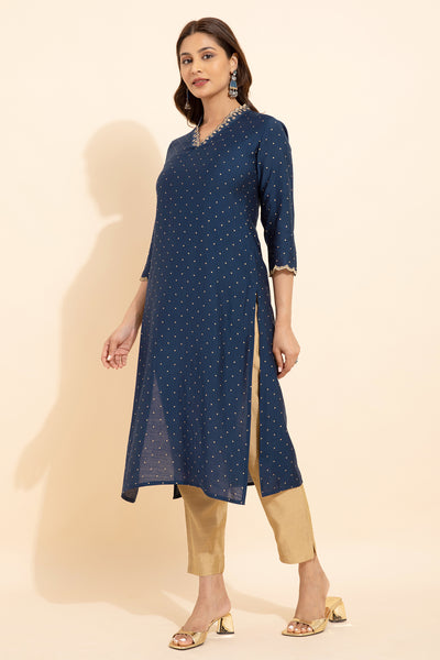 Floral Embroidered Neckline With Allover Polka Dots Printed Kurta Blue