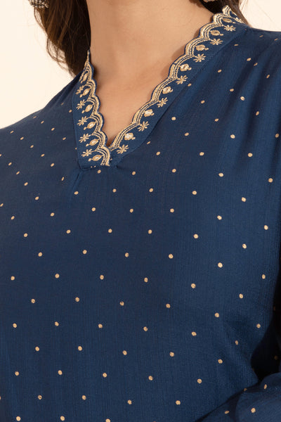Floral Embroidered Neckline With Allover Polka Dots Printed Kurta - Blue