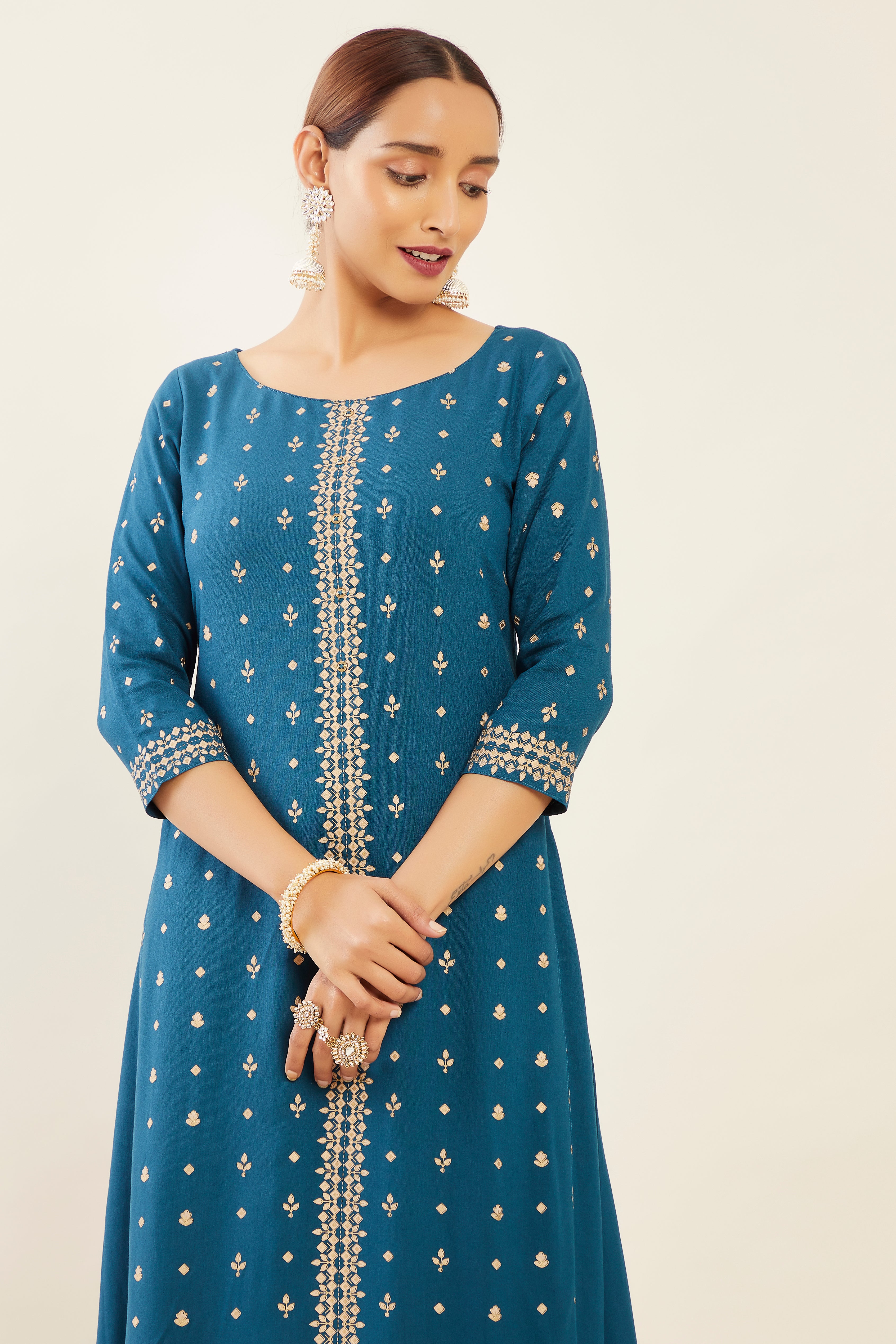 All Over Butta Geometric Printed Kurta Blue