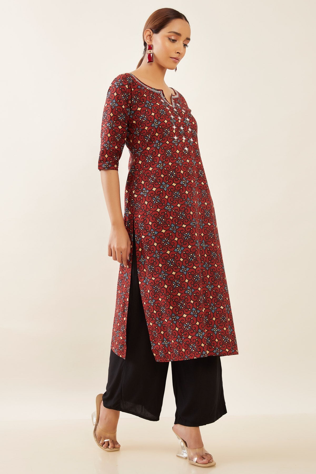 All Over Floral Printed & Foil Mirror Embroidered Kurta - Maroon