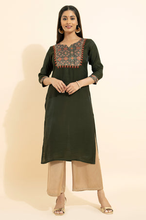 Patola Printed Patchwork Kurta - Olive Green