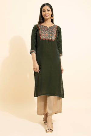 Patola Printed Patchwork Kurta - Olive Green