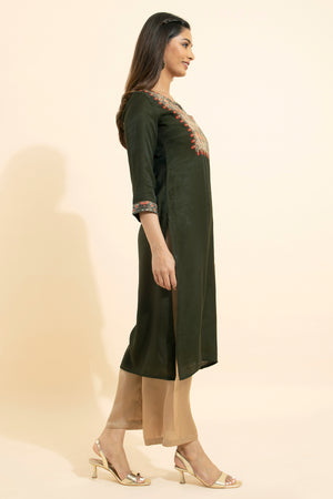 Patola Printed Patchwork Kurta - Olive Green