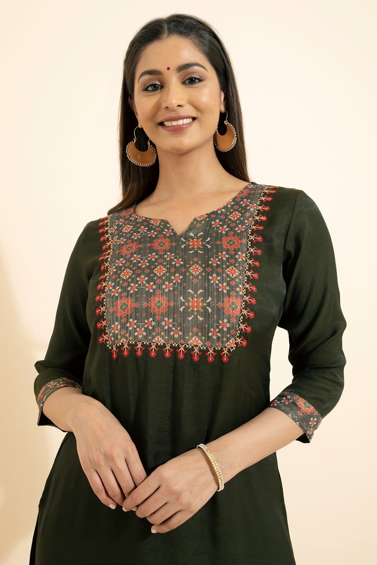 Patola Printed Patchwork Kurta - Olive Green