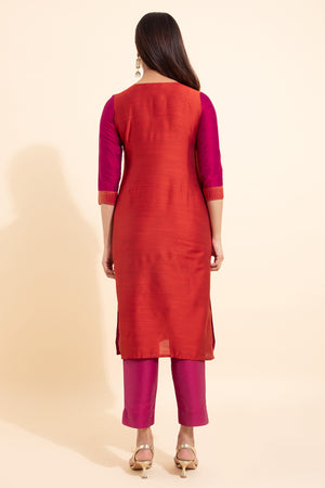 Mandala Floral Embroidered Kurta - Orange & Pink