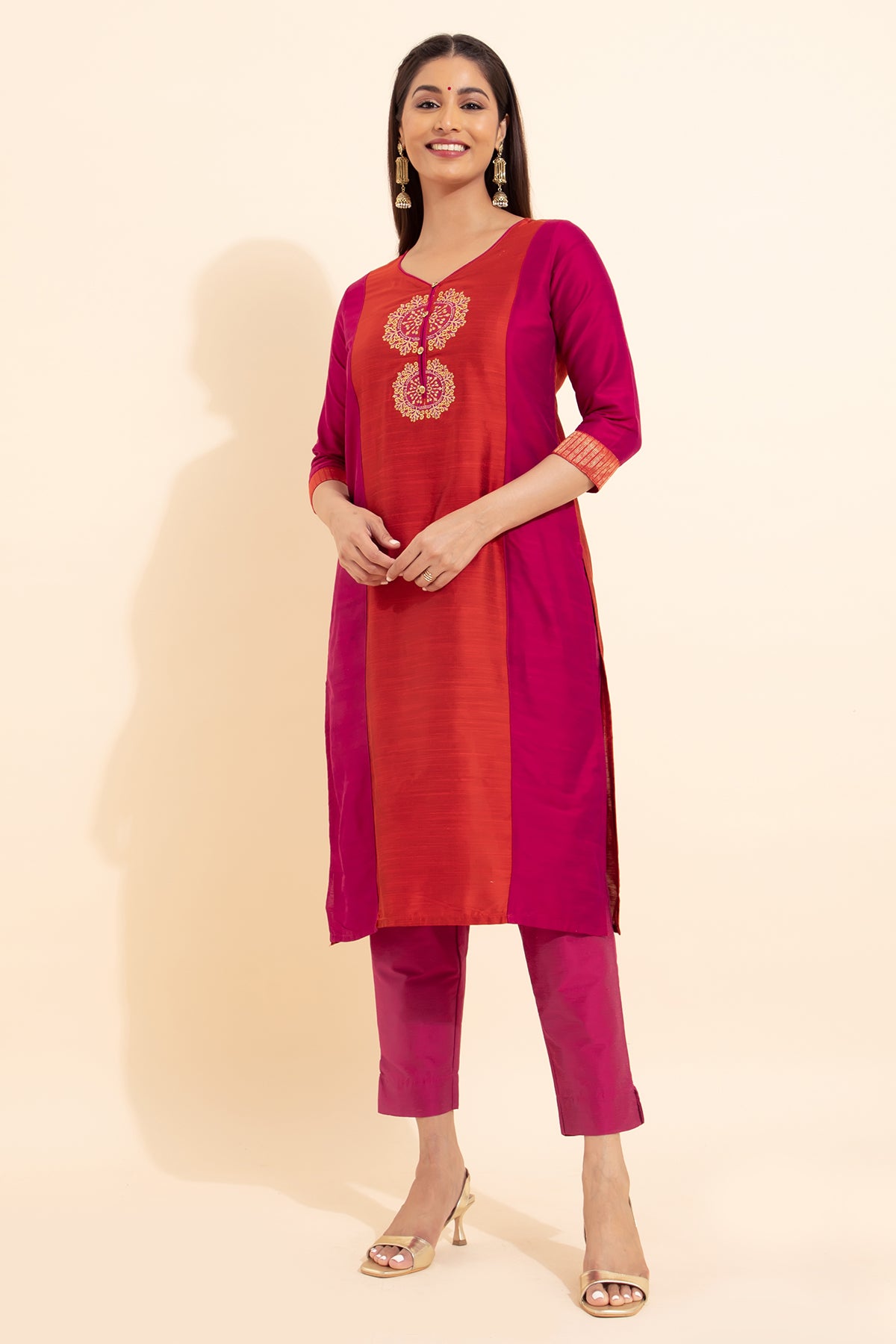 Mandala Floral Embroidered Kurta - Orange & Pink