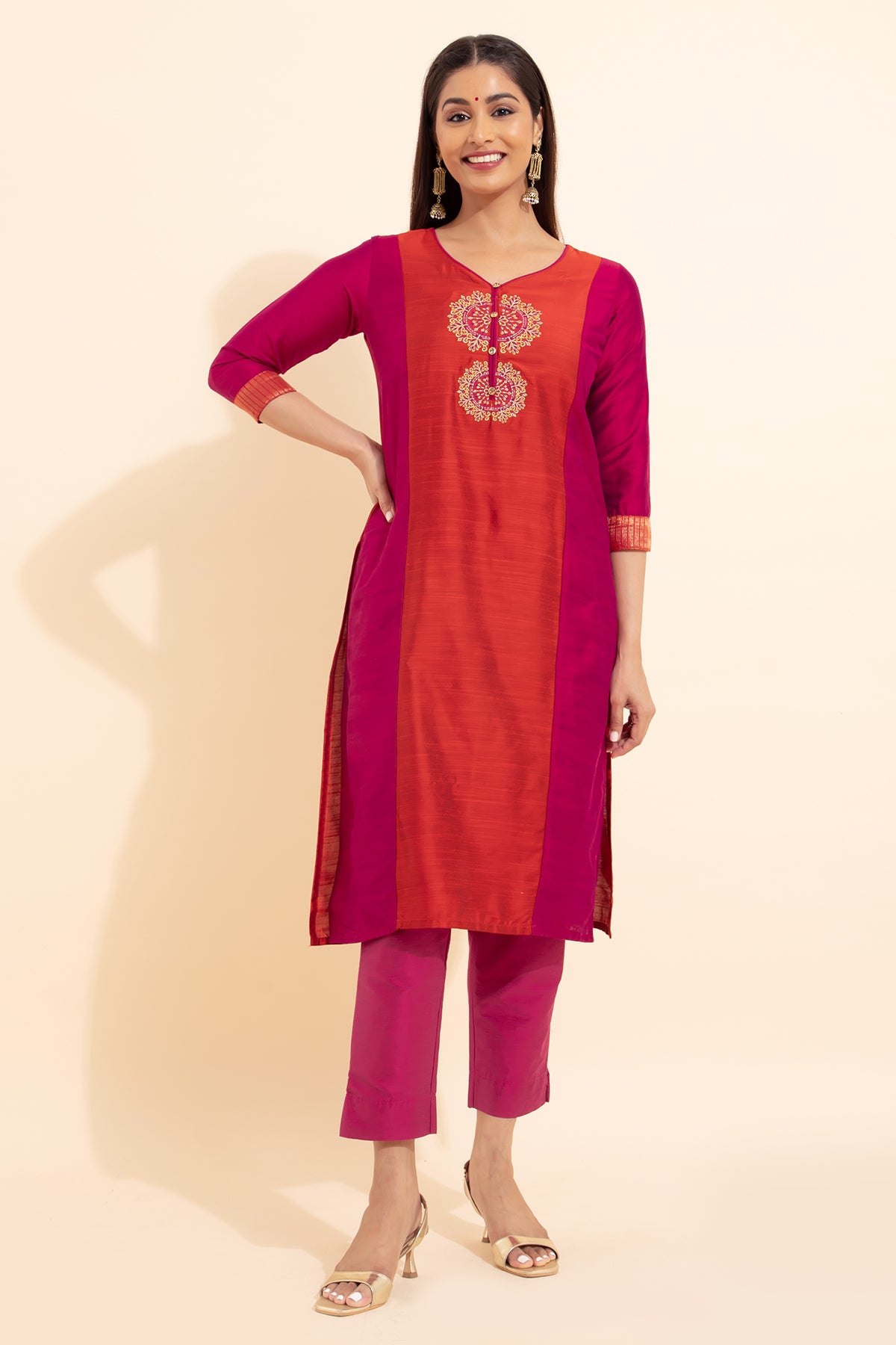 Mandala Floral Embroidered Kurta - Orange & Pink