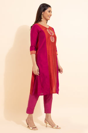 Mandala Floral Embroidered Kurta - Orange & Pink