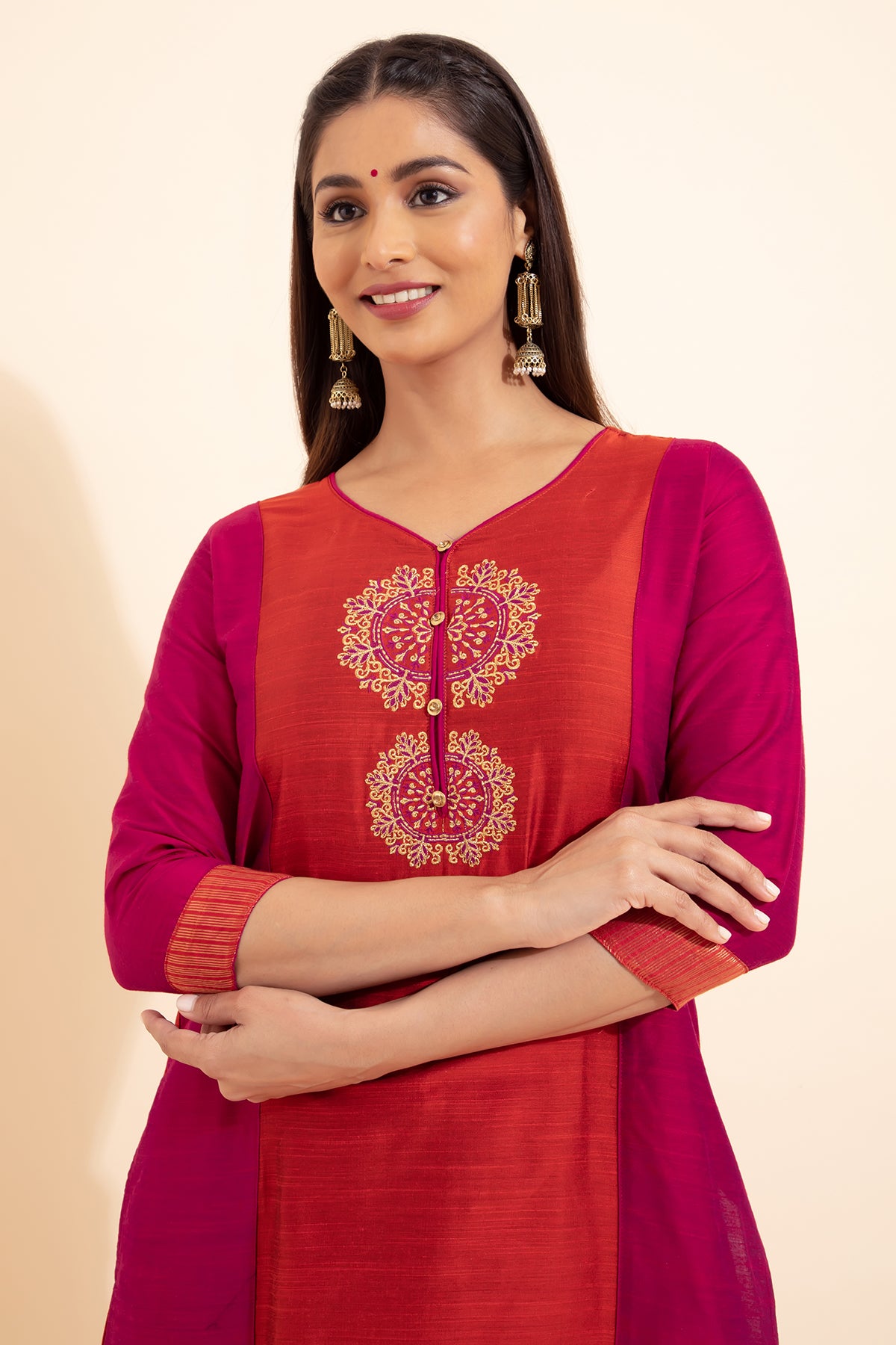 Mandala Floral Embroidered Kurta - Orange & Pink