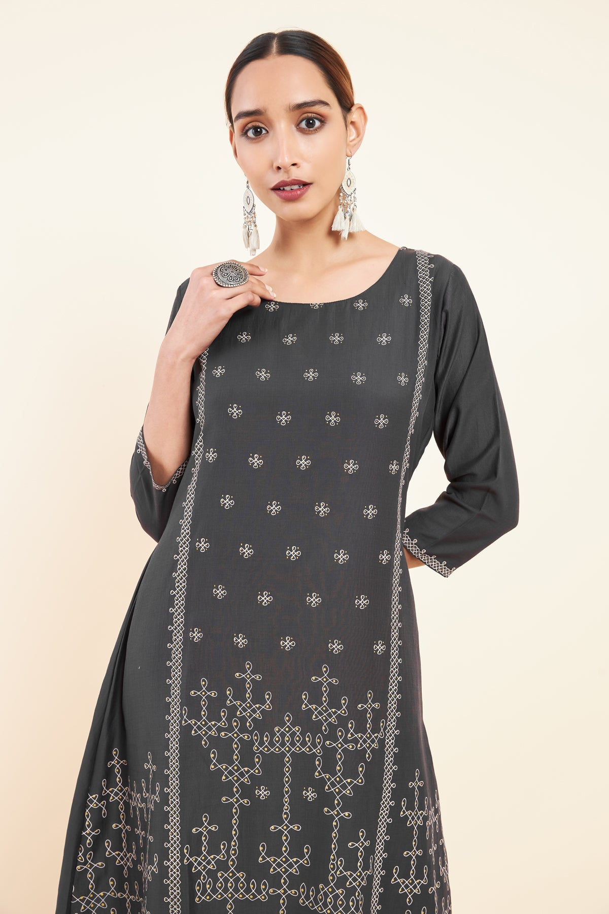 All Over Kolam Printed A Line Kurta Grey