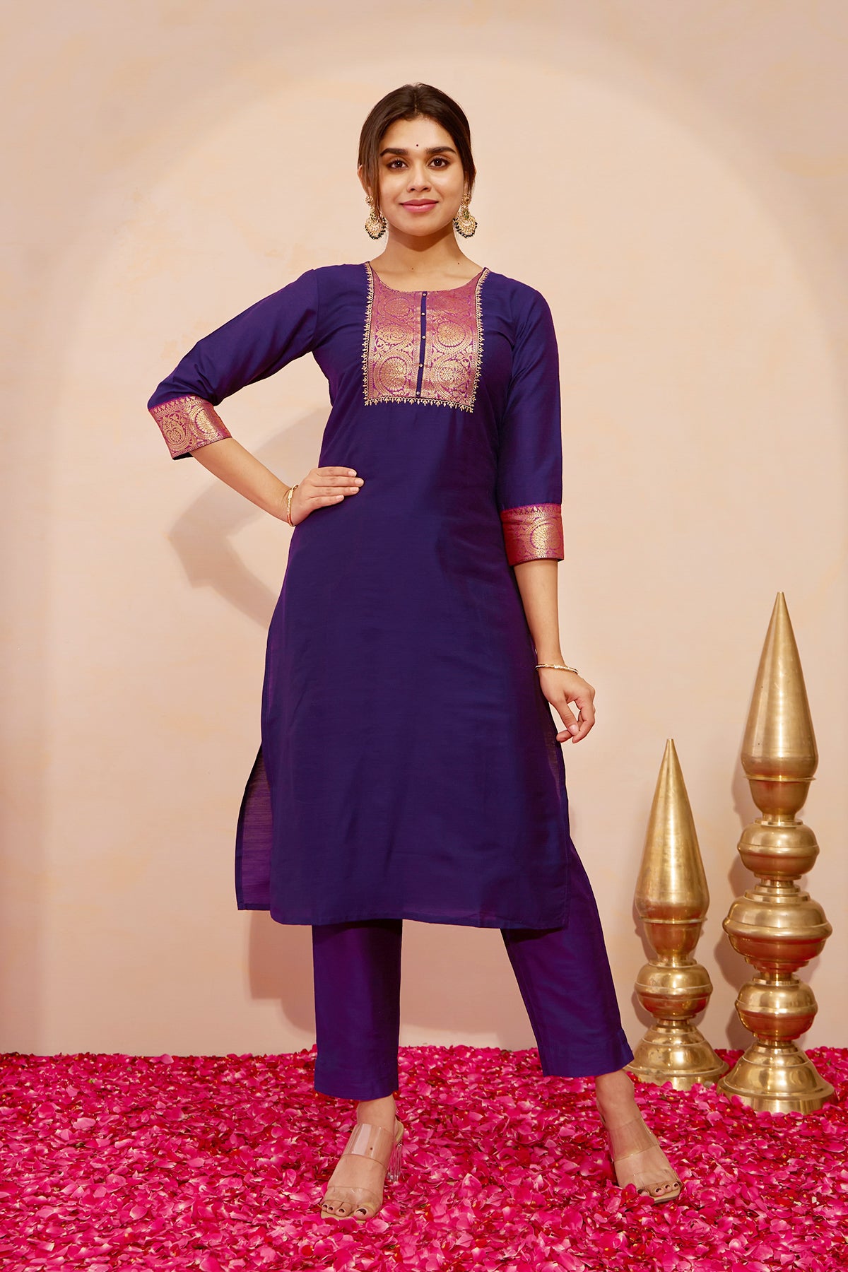 Floral Embroidered Kurta with Zari Patchwork - Purple
