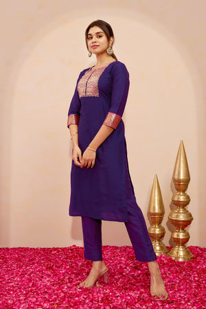 Floral Embroidered Kurta with Zari Patchwork - Purple
