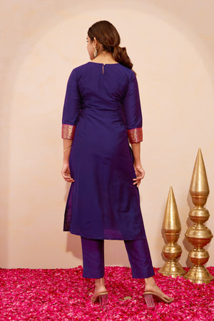 Floral Embroidered Kurta with Zari Patchwork - Purple
