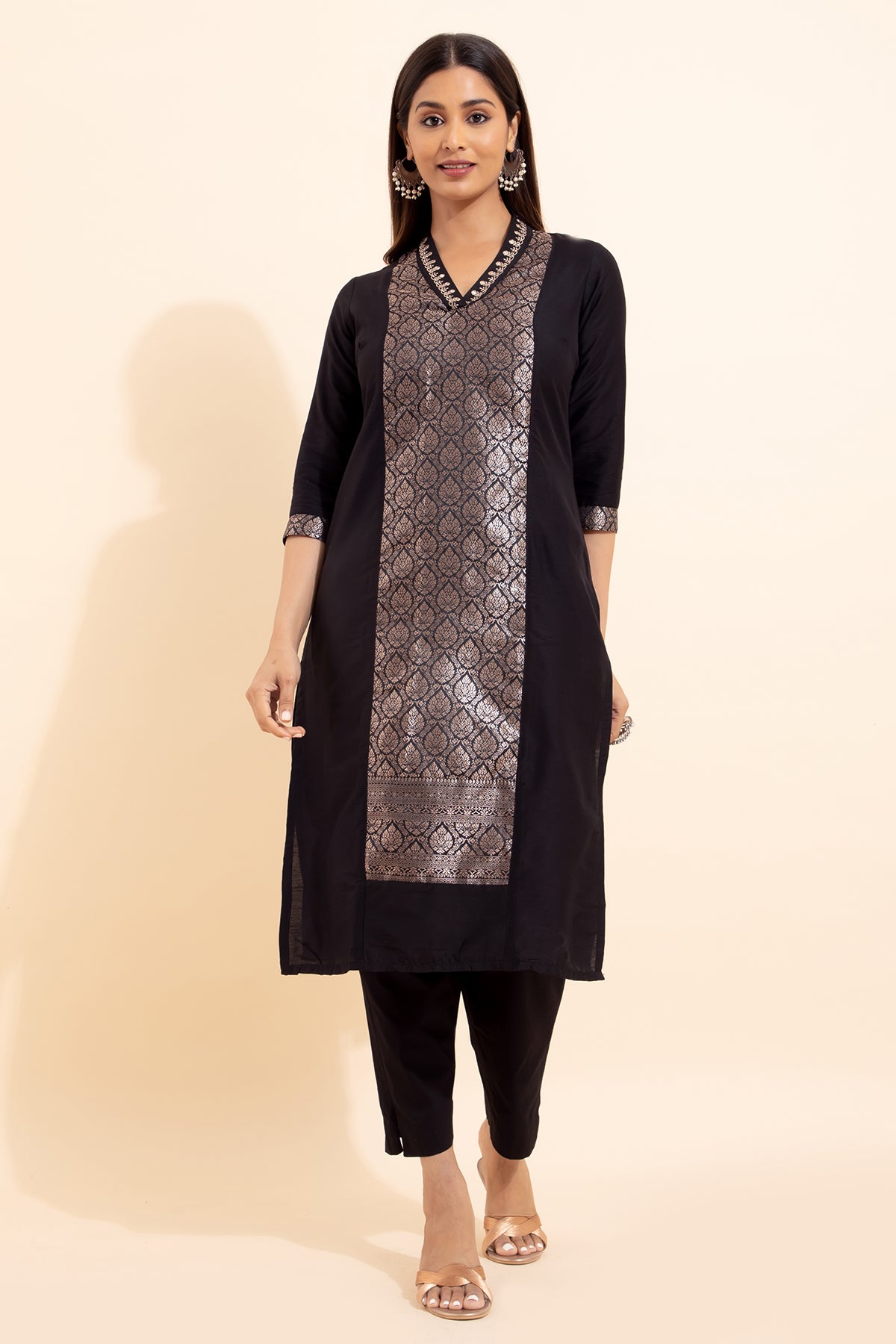 Brocade Patchwork Kurta - Black