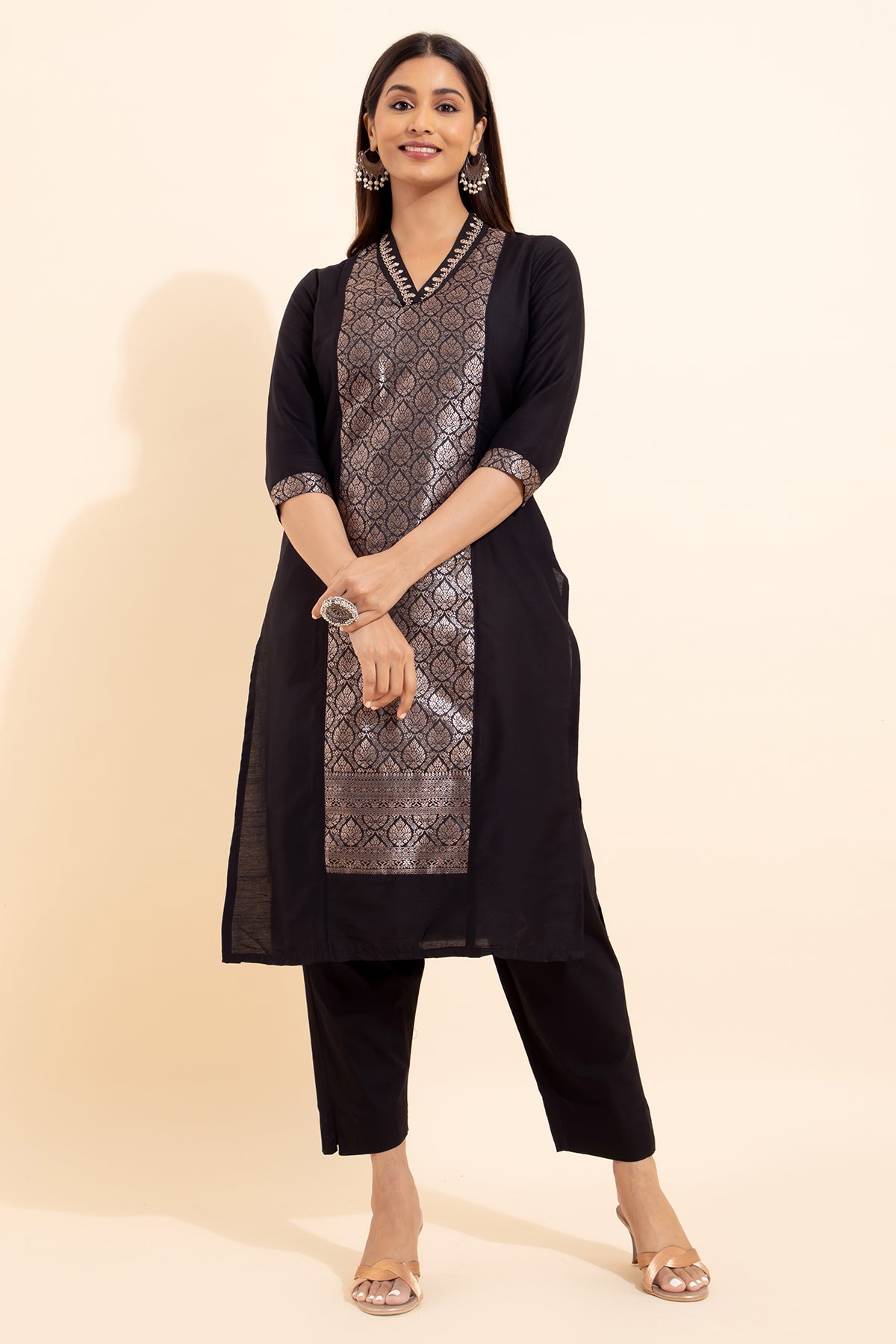 Brocade Patchwork Kurta - Black