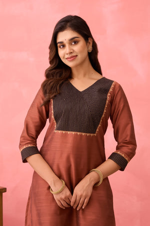 Floral Embroidered Kurta with Contrast Yoke - Brown
