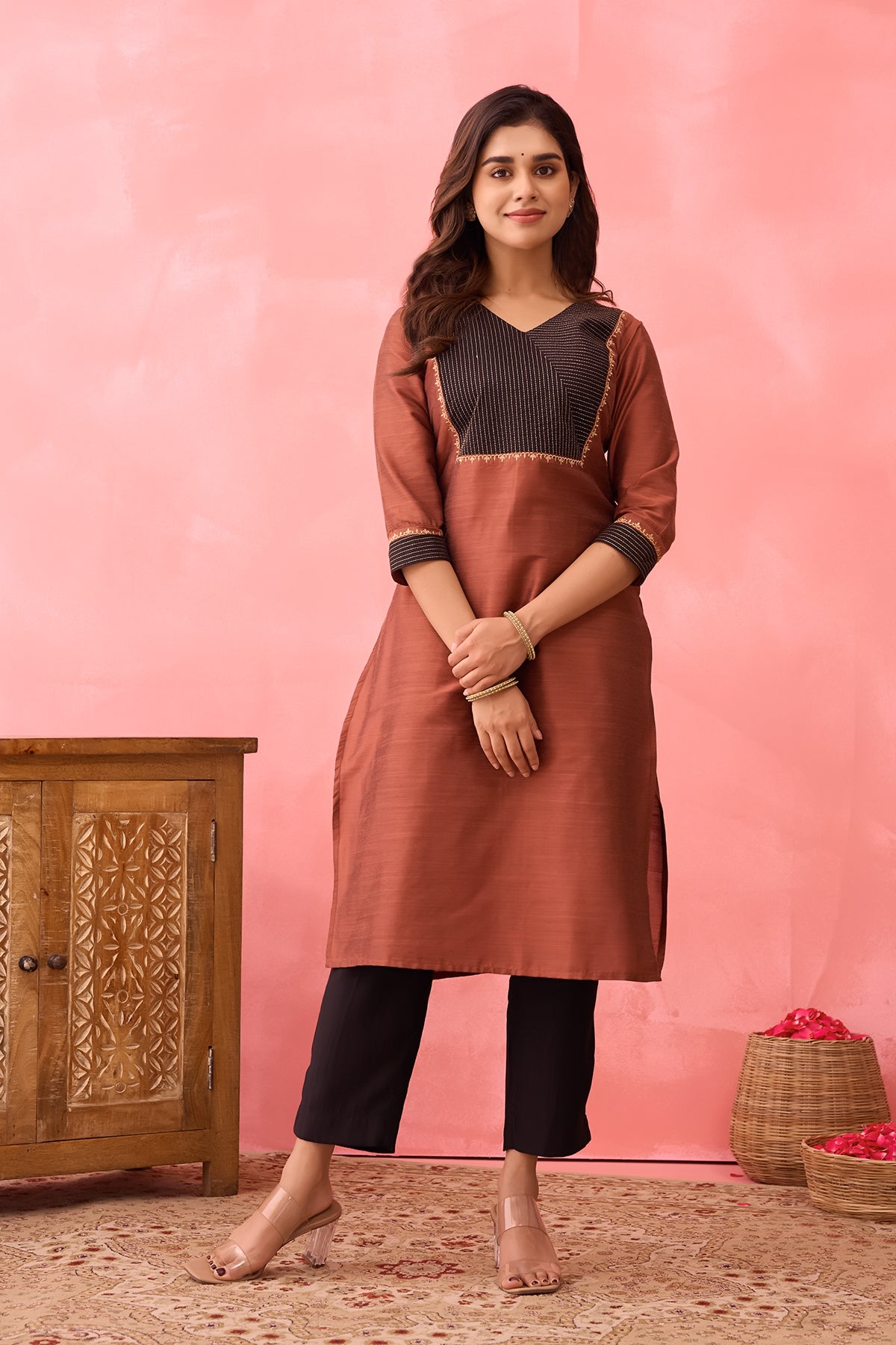 Floral Embroidered Kurta with Contrast Yoke - Brown
