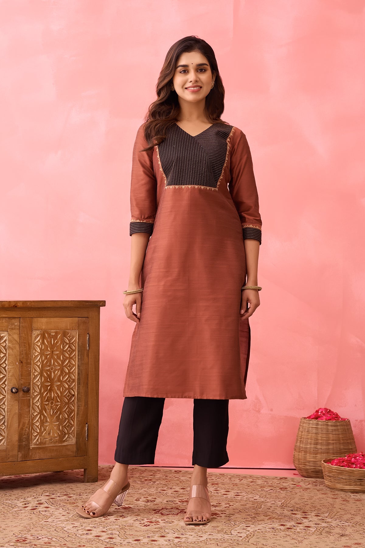 Floral Embroidered Kurta with Contrast Yoke - Brown