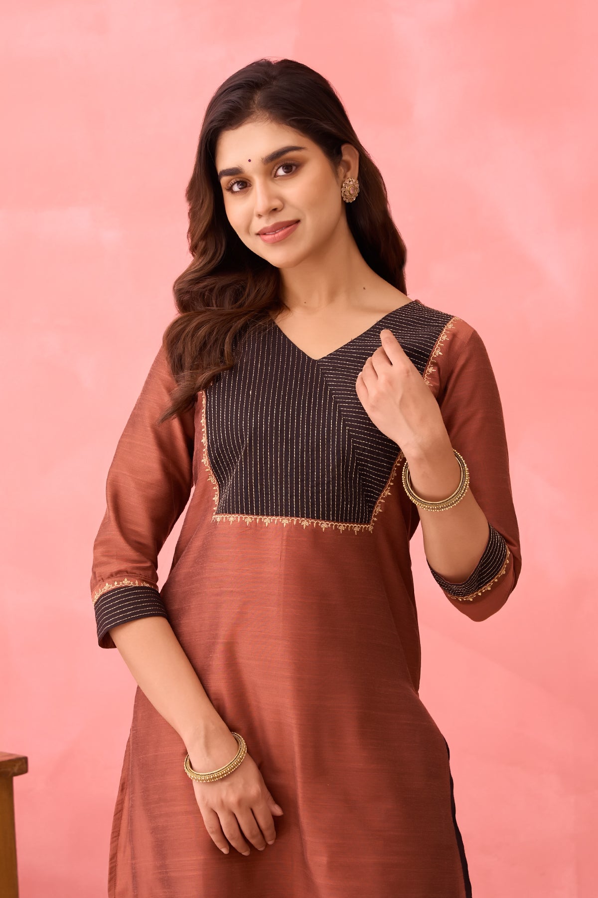 Floral Embroidered Kurta with Contrast Yoke - Brown