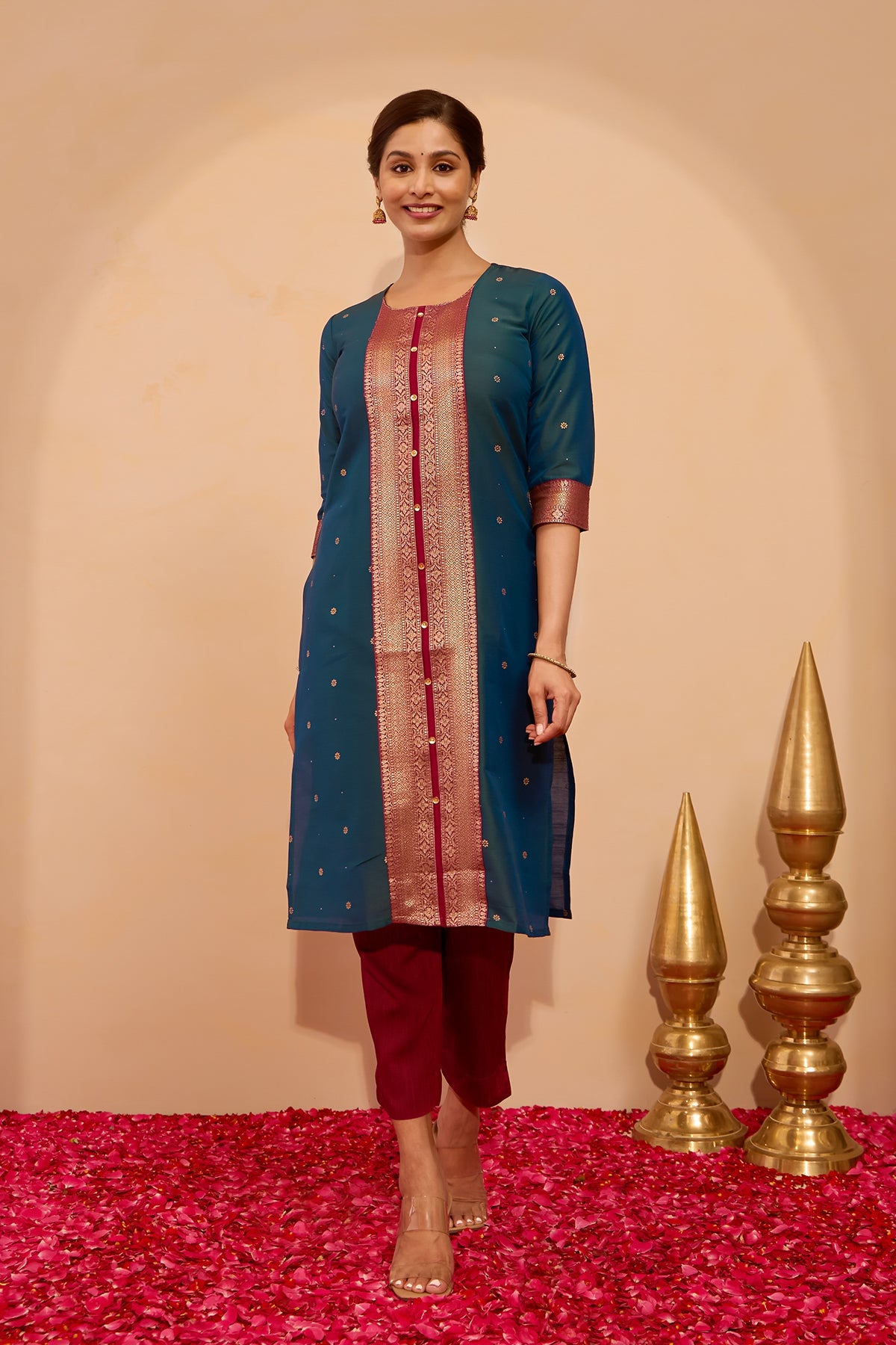 Zari patchwork Kurta - Peacock Green
