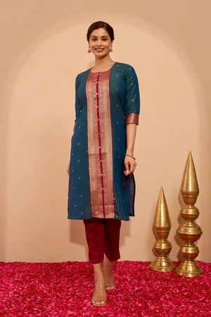 Zari patchwork Kurta - Peacock Green
