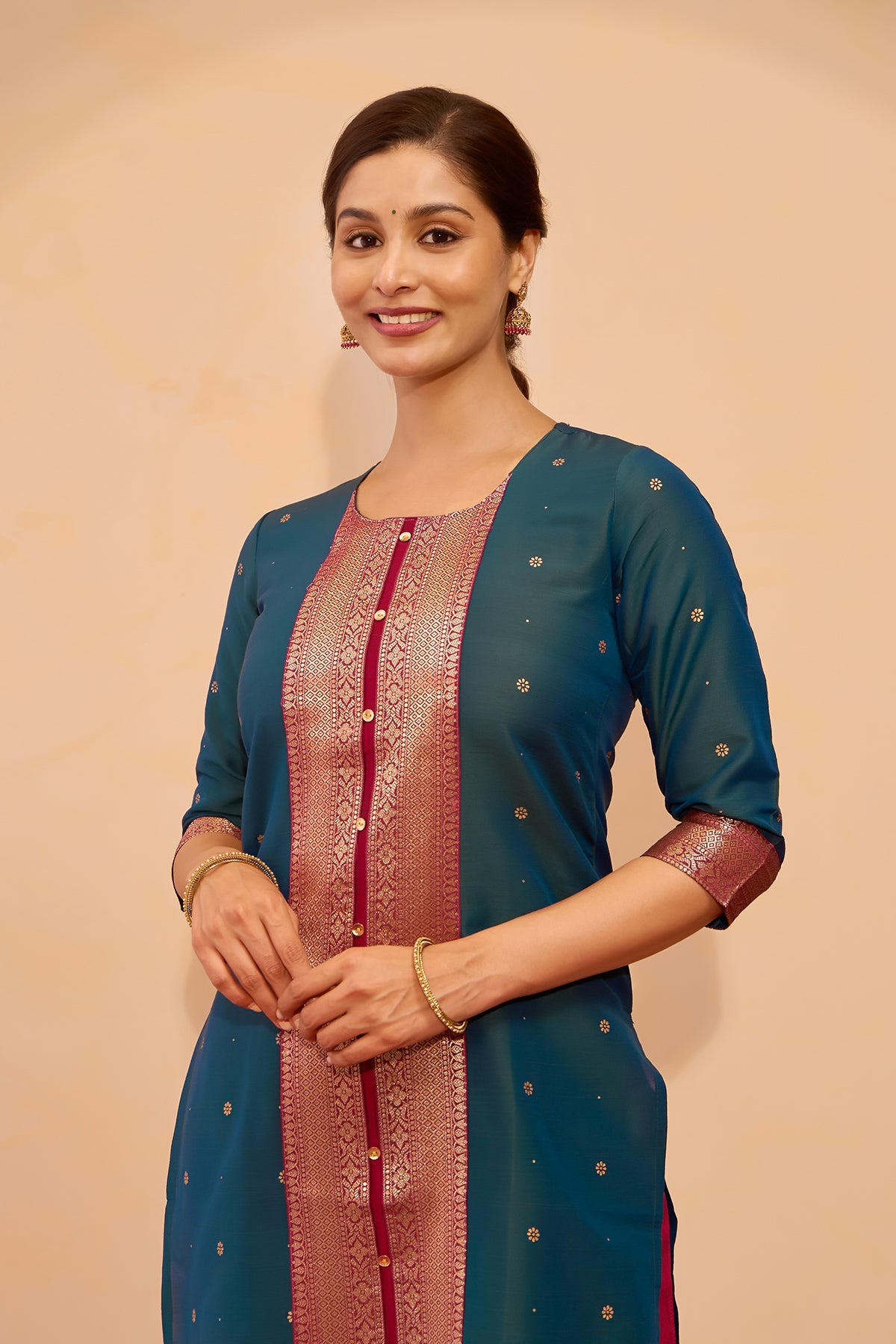 Zari patchwork Kurta - Peacock Green
