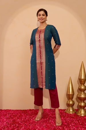 Zari patchwork Kurta - Peacock Green
