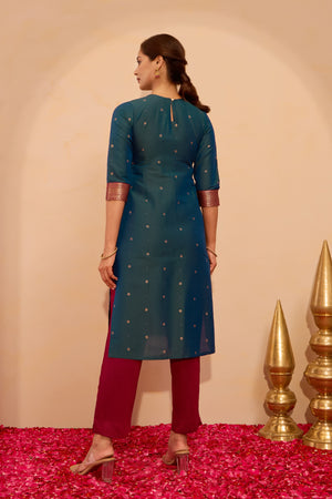 Zari patchwork Kurta - Peacock Green
