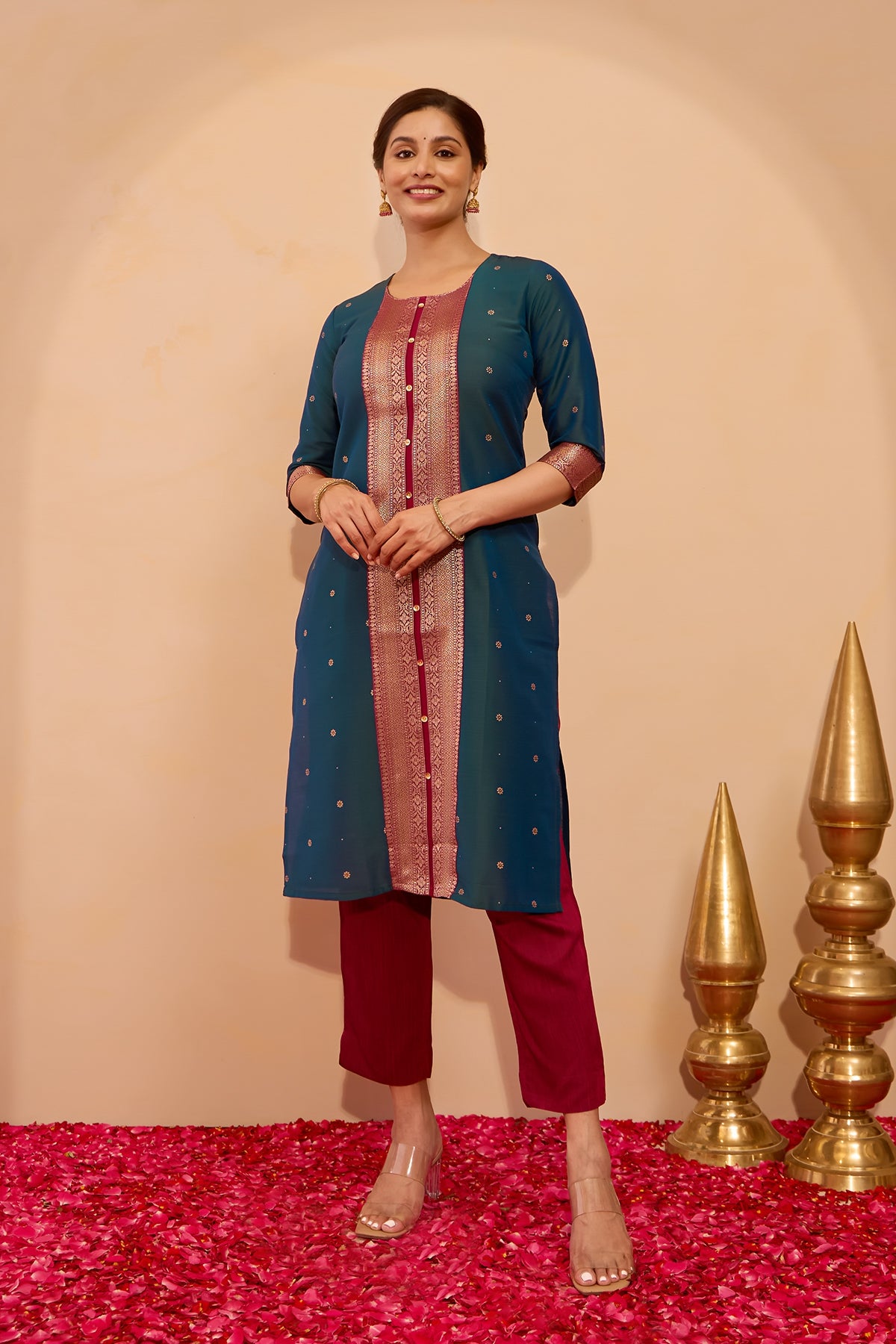 Zari patchwork Kurta - Peacock Green