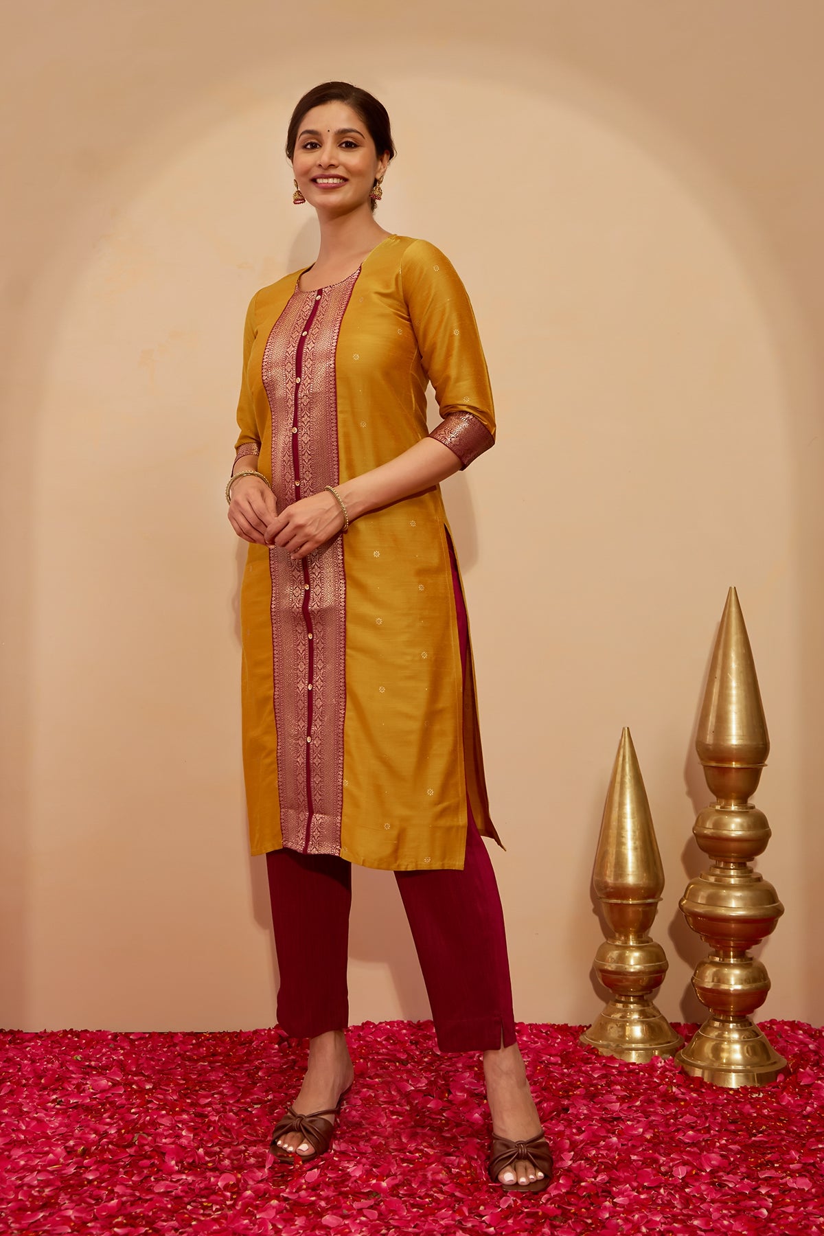 Zari patchwork Kurta - Mustard
