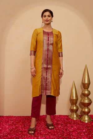 Zari patchwork Kurta - Mustard
