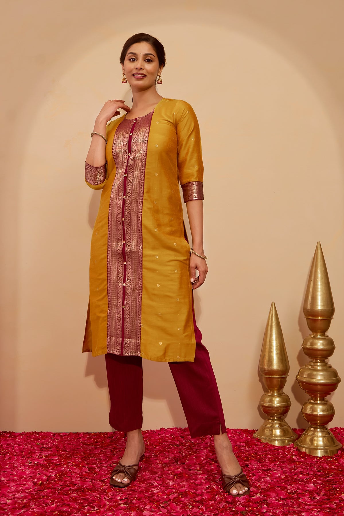 Zari patchwork Kurta - Mustard
