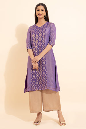 Panelled Broacde Kurta - Purple