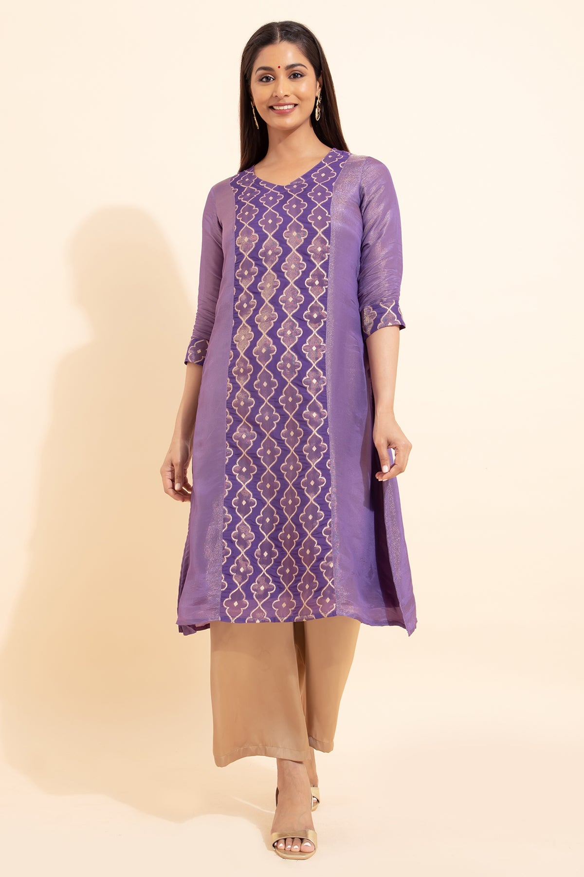 Panelled Broacde Kurta - Purple