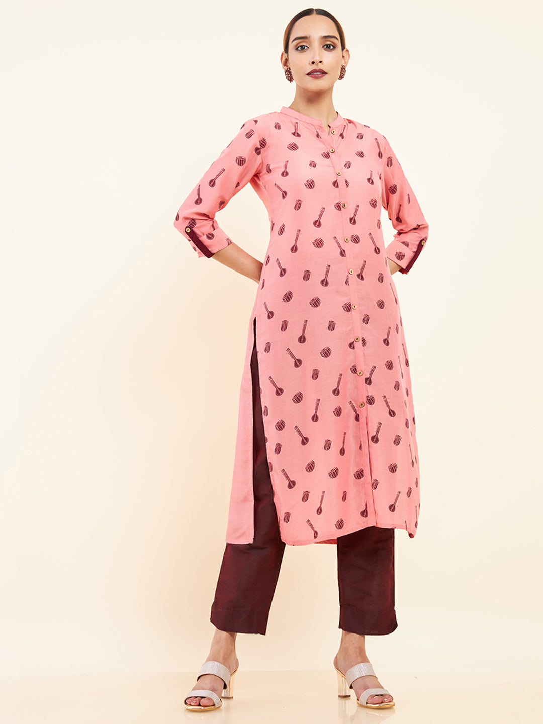 Instrument Motif Printed Kurta Pink