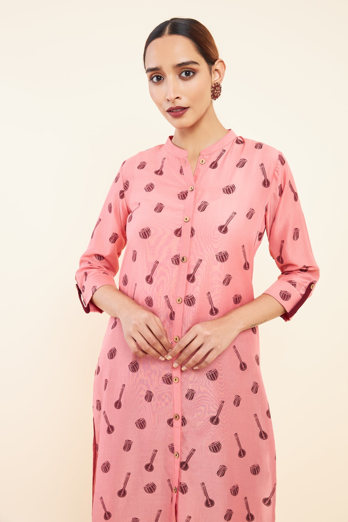 Instrument Motif Printed Kurta Pink