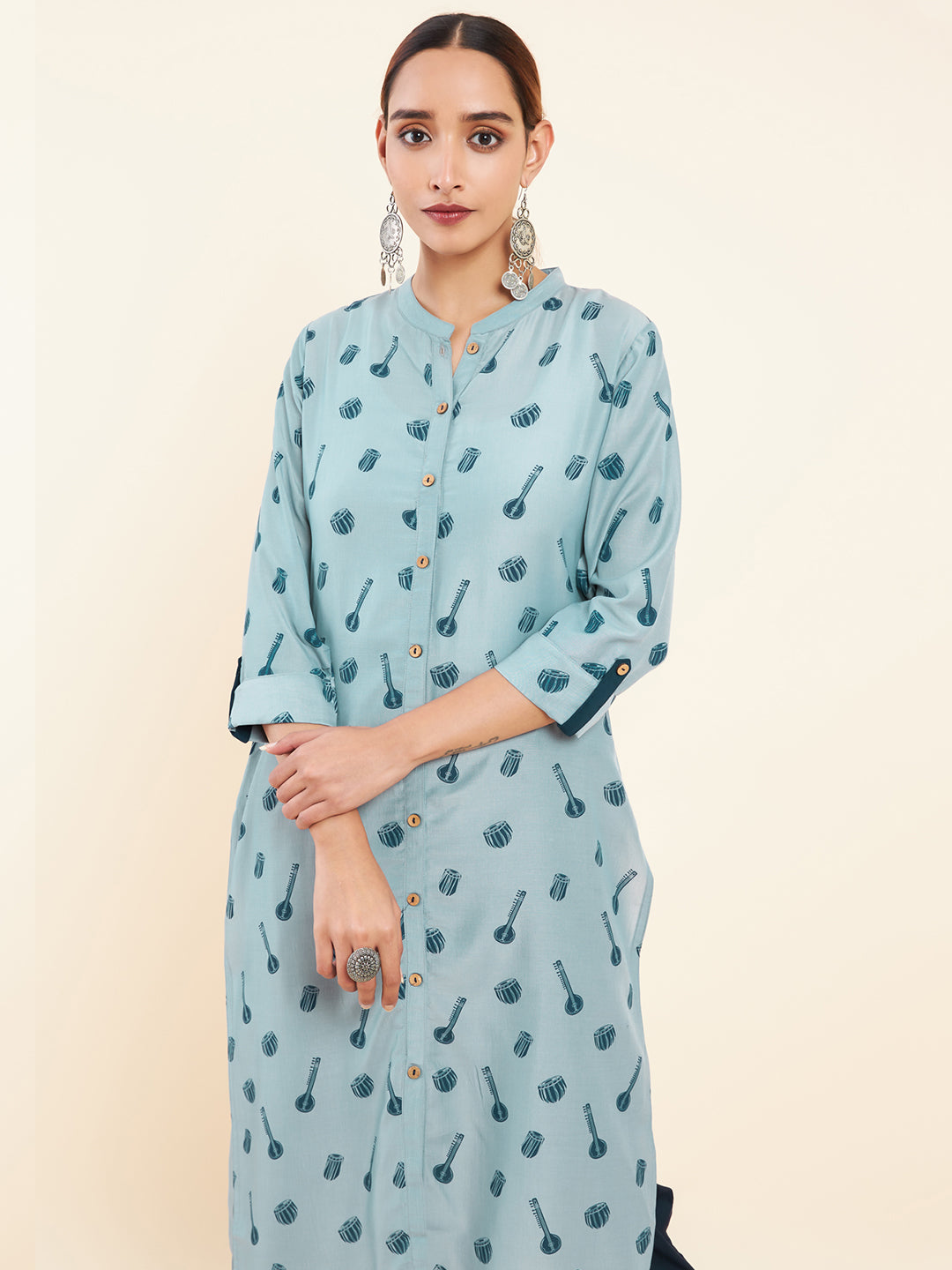 Instrument Motif Printed Kurta Blue