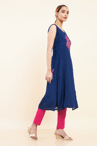 Contrast Peacock & Instrument Embroidered Placement Kurta - Blue