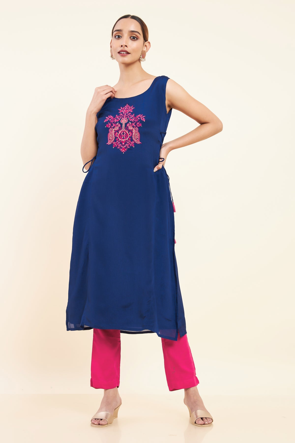 Contrast Peacock & Instrument Embroidered Placement Kurta - Blue