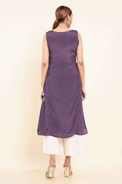 Contrast Peacock & Instrument Embroidered Placement Kurta - Purple