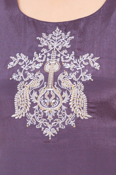 Contrast Peacock Instrument Embroidered Placement Kurta Purple