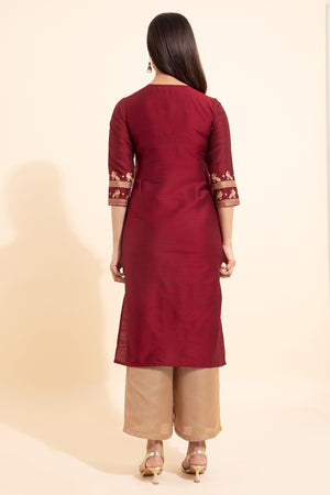 Bird Motif Printed Kurta - Maroon