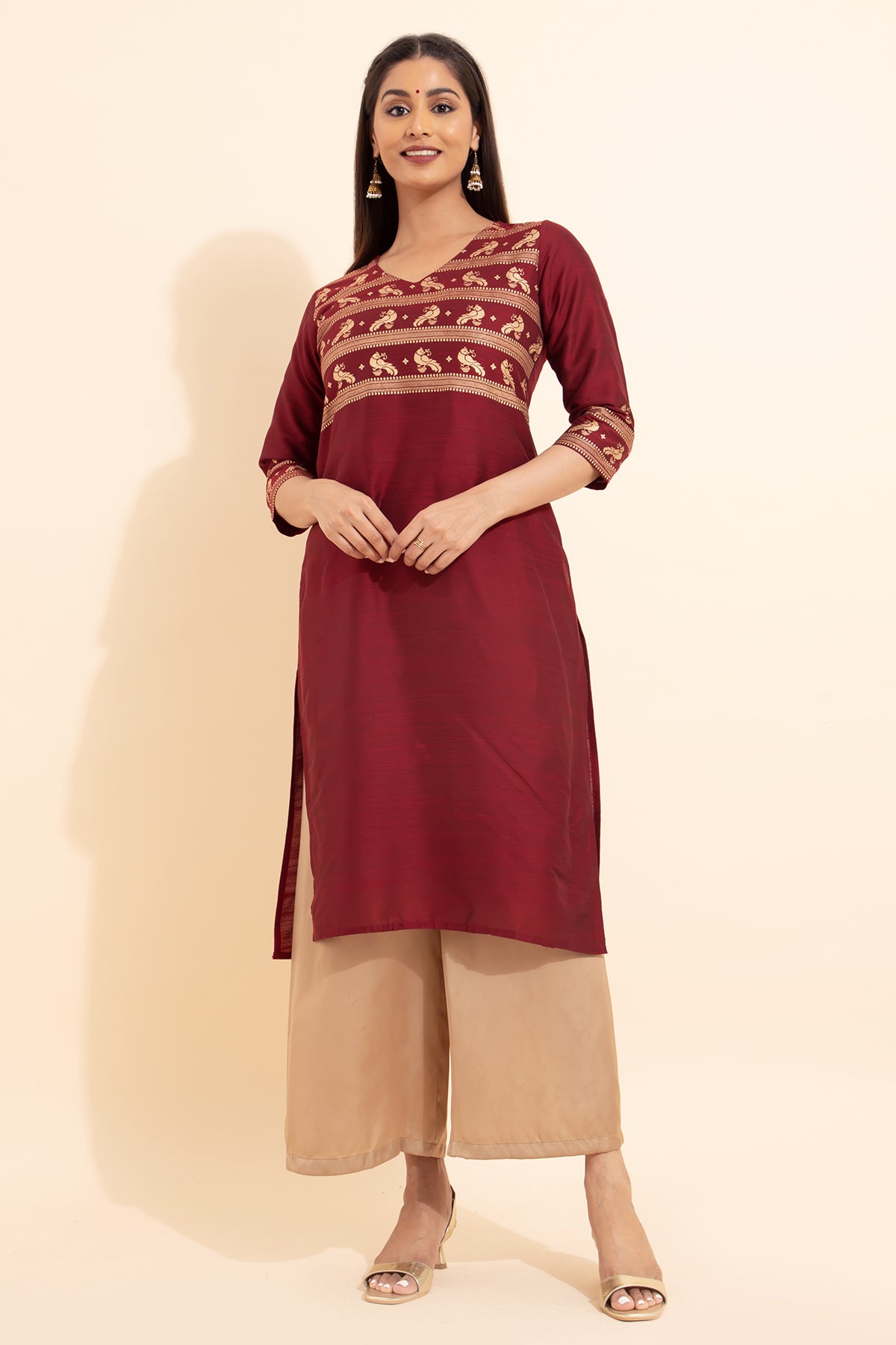 Bird Motif Printed Kurta - Maroon